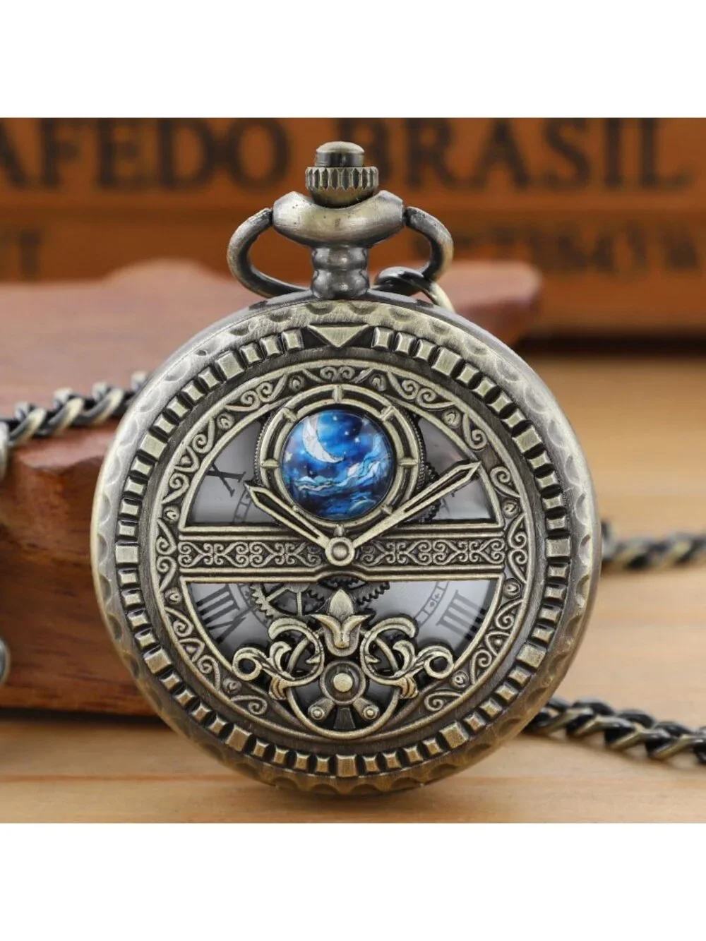 Men's Brown And Gold Analog Quartz Arabic Numeral Moon Phase Chain Pocket Watch